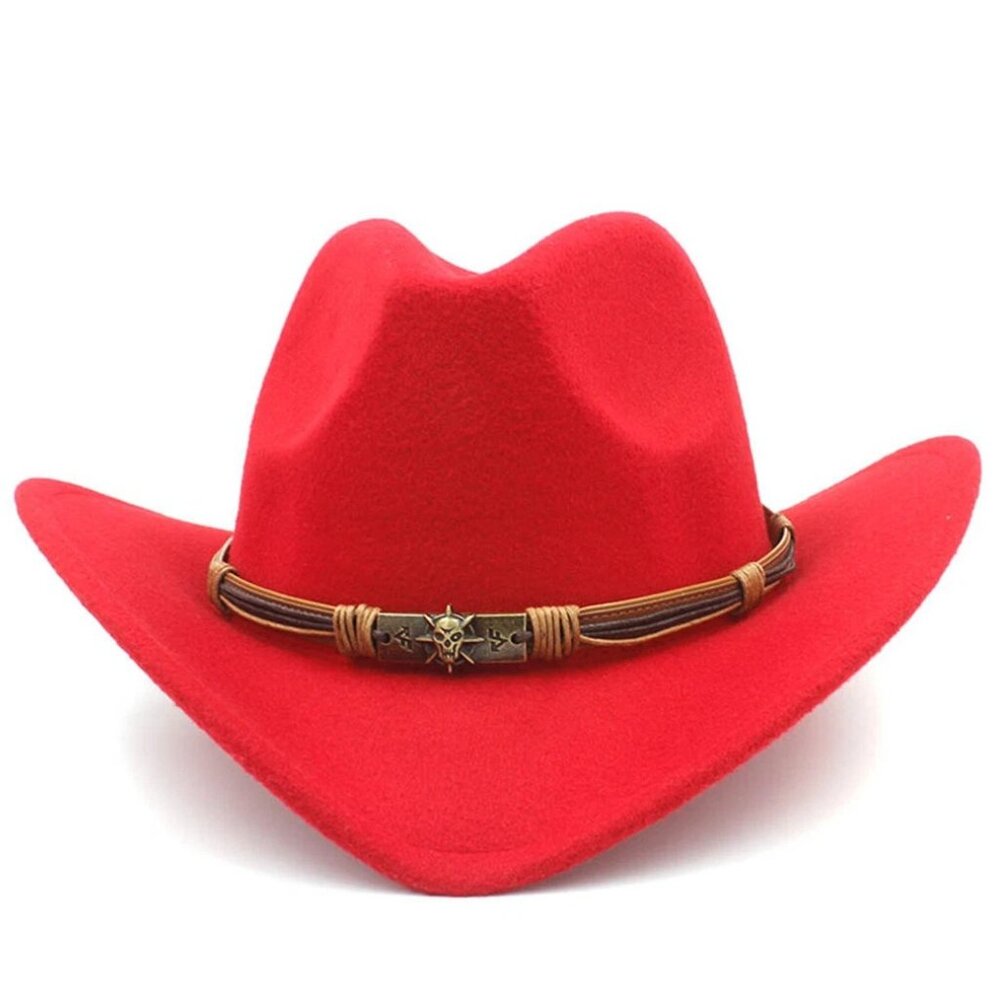 Red Western Cowboy Cowgirl Hat, Skull Ace Band, Felt Wide Brim Men Women Rodeo